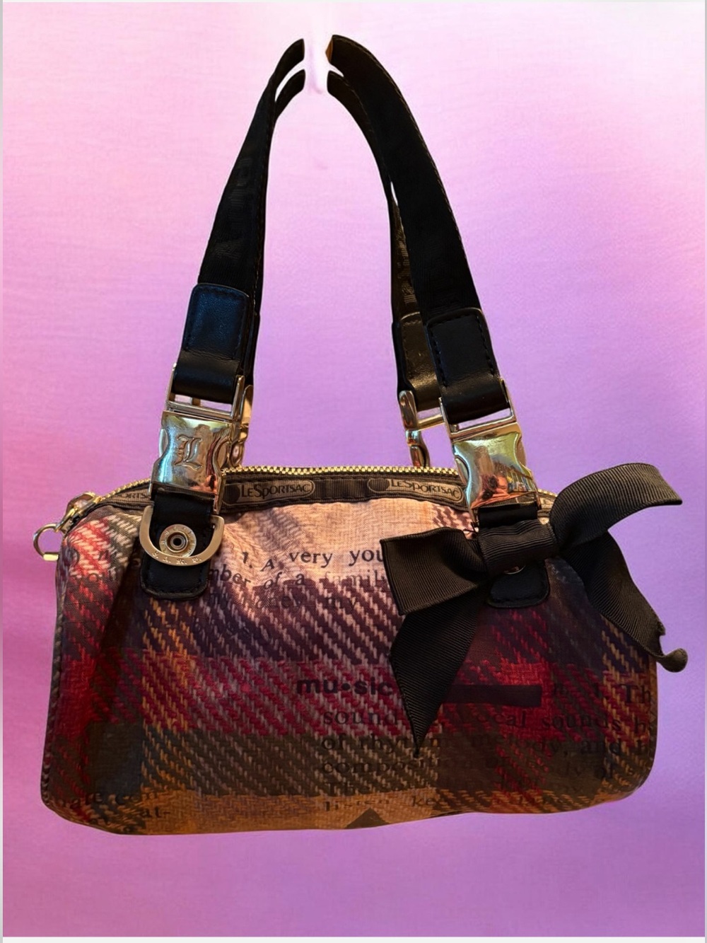 LeSportsac Multicolor Plaid Mini Barrel Bag “Hella Barrel” with Black Bow